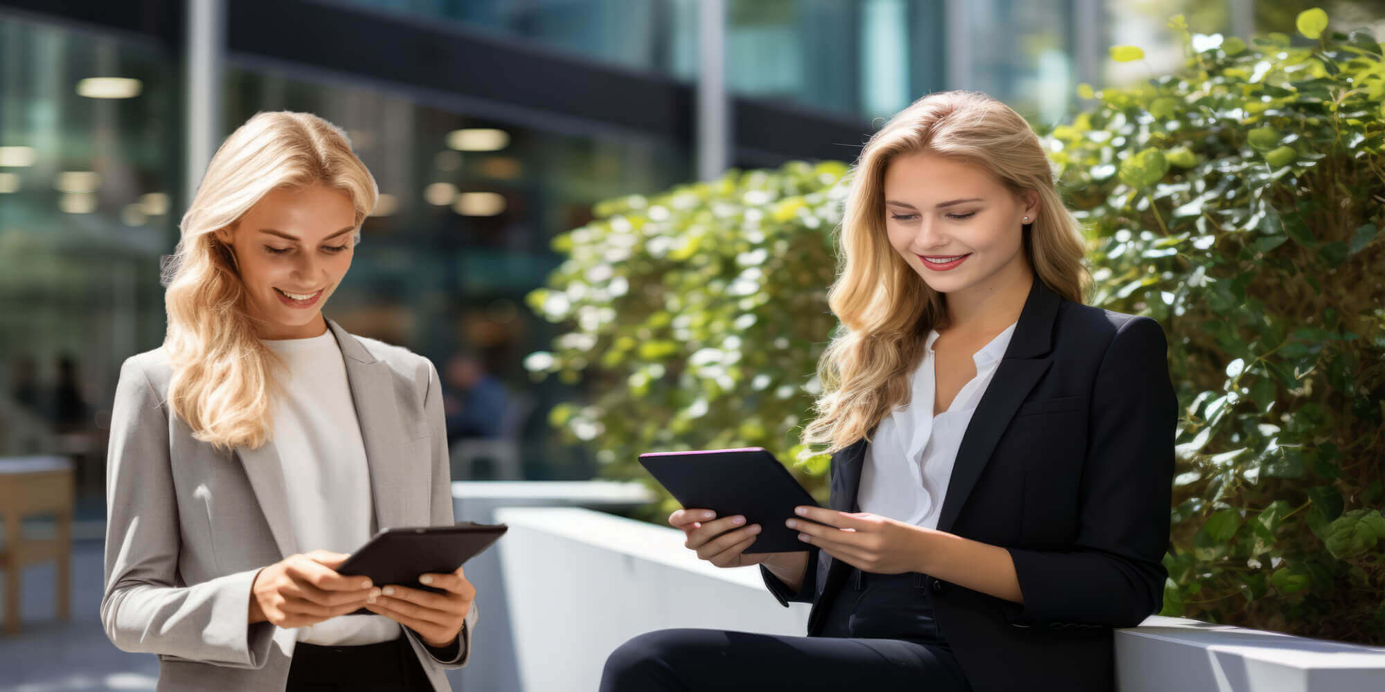 Zwei Frauen im Business - Look halten ein Tablet in den Händen und arbeiten zusammen.