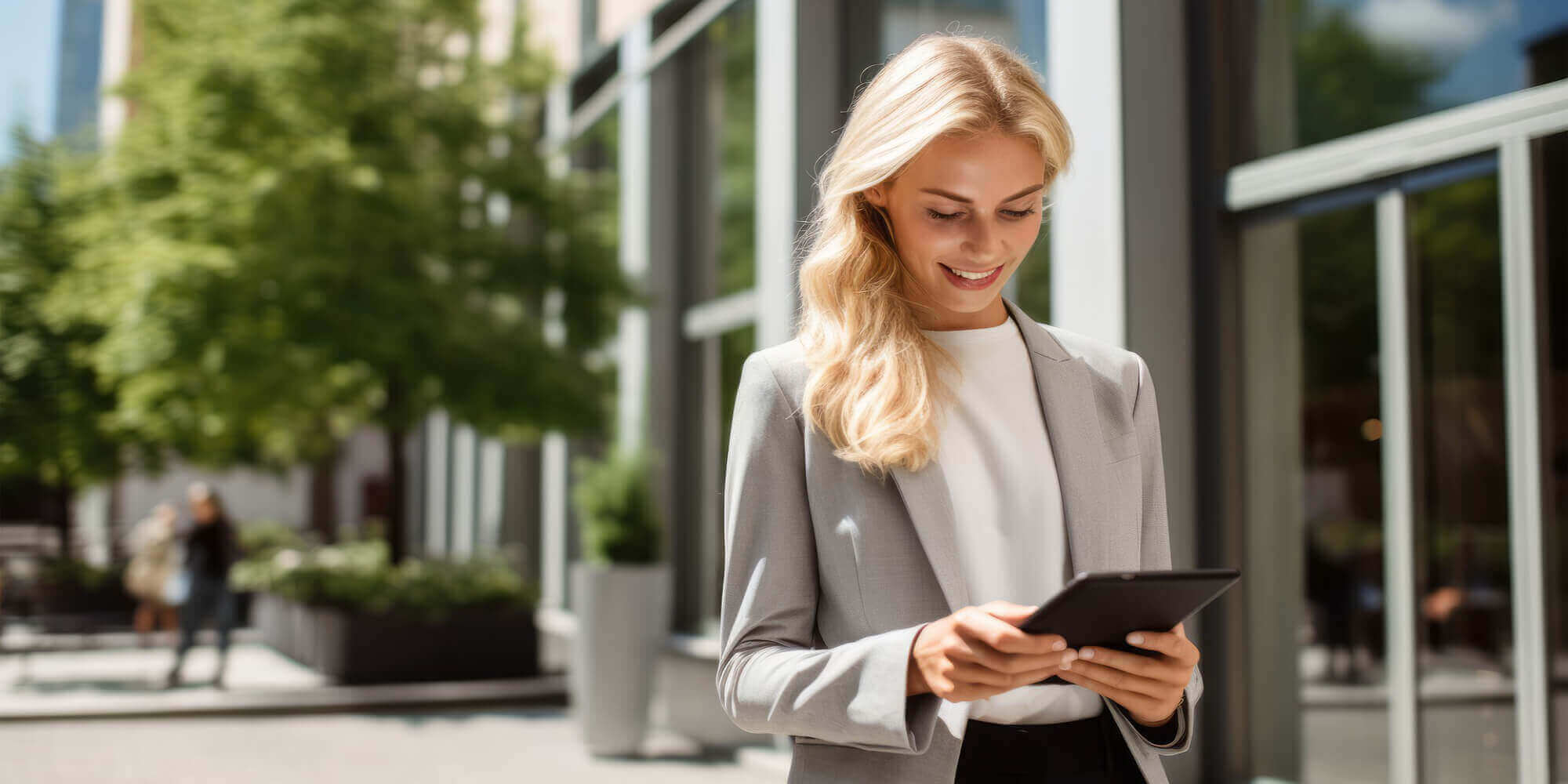 Eine Business - Frau im grauen Hosenanzug und weißen T - Shirt steht mit einem Tablet und arbeitet. Im Hintergrund ist eine größere Stadt mit Straße, Grünflächen und Bäumen zu sehen.